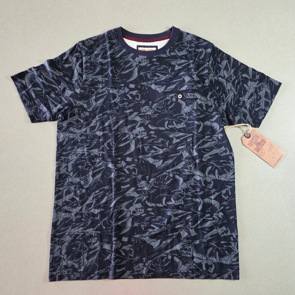 Hudson & Barrow Mens Medium Tropical Leaf Print Pocket T-Shirt Navy Blue Cotton